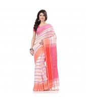 dB DESH BIDESH Women`s Traditional Bengali Begampuri Pure Handloom Cotton Saree With Blouse Piece (White Pink)