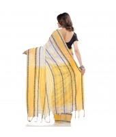 dB DESH BIDESH Women`s Traditional Bengali Begampuri Pure Handloom Cotton Saree With Blouse Piece (White Yellow)