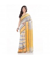 dB DESH BIDESH Women`s Traditional Bengali Begampuri Pure Handloom Cotton Saree With Blouse Piece (White Yellow)