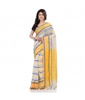 dB DESH BIDESH Women`s Traditional Bengali Begampuri Pure Handloom Cotton Saree With Blouse Piece (White Yellow)