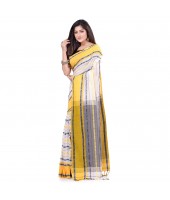 dB DESH BIDESH Women`s Traditional Bengali Begampuri Pure Handloom Cotton Saree With Blouse Piece (Yellow Grey)