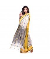 dB DESH BIDESH Women`s Traditional Bengali Begampuri Pure Handloom Cotton Saree With Blouse Piece (Yellow Grey)