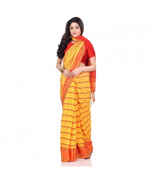 dB DESH BIDESH Women`s Traditional Bengali Begampuri Pure Handloom Cotton Saree With Blouse Piece (Yellow Red)