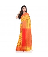 dB DESH BIDESH Women`s Traditional Bengali Begampuri Pure Handloom Cotton Saree With Blouse Piece (Yellow Red)