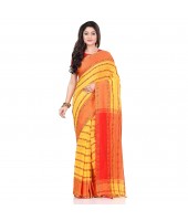 dB DESH BIDESH Women`s Traditional Bengali Begampuri Pure Handloom Cotton Saree With Blouse Piece (Yellow Red)