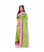 dB DESH BIDESH Women`s Traditional Bengali Tant Lotus Design Pure Handloom Cotton Saree Without Blouse Piece (Green Pink)