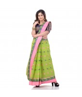 dB DESH BIDESH Women`s Traditional Bengali Tant Lotus Design Pure Handloom Cotton Saree Without Blouse Piece (Green Pink)