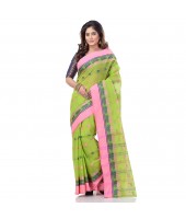 dB DESH BIDESH Women`s Traditional Bengali Tant Lotus Design Pure Handloom Cotton Saree Without Blouse Piece (Green Pink)