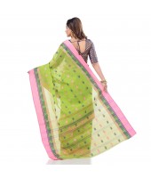 dB DESH BIDESH Women`s Traditional Bengali Tant Lotus Design Pure Handloom Cotton Saree Without Blouse Piece (Green Pink)