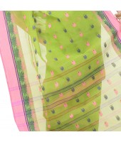 dB DESH BIDESH Women`s Traditional Bengali Tant Lotus Design Pure Handloom Cotton Saree Without Blouse Piece (Green Pink)