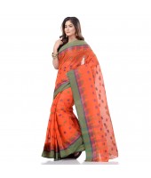 dB DESH BIDESH Women`s Traditional Bengali Tant Lotus Design Pure Handloom Cotton Saree Without Blouse Piece (Orange)