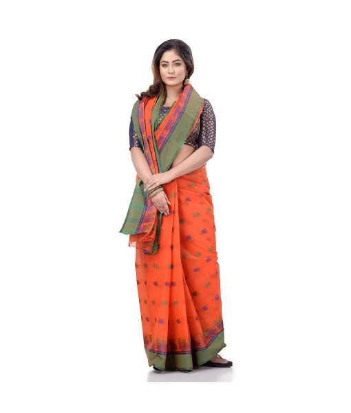 dB DESH BIDESH Women`s Traditional Bengali Tant Lotus Design Pure Handloom Cotton Saree Without Blouse Piece (Orange)