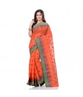 dB DESH BIDESH Women`s Traditional Bengali Tant Lotus Design Pure Handloom Cotton Saree Without Blouse Piece (Orange)