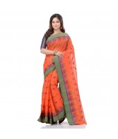 dB DESH BIDESH Women`s Traditional Bengali Tant Lotus Design Pure Handloom Cotton Saree Without Blouse Piece (Orange)