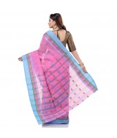 dB DESH BIDESH Women`s Traditional Bengali Tant Lotus Design Pure Handloom Cotton Saree Without Blouse Piece (Pink Blue)