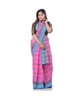 dB DESH BIDESH Women`s Traditional Bengali Tant Lotus Design Pure Handloom Cotton Saree Without Blouse Piece (Pink Blue)