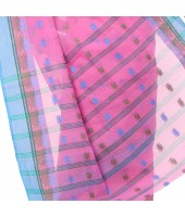 dB DESH BIDESH Women`s Traditional Bengali Tant Lotus Design Pure Handloom Cotton Saree Without Blouse Piece (Pink Blue)