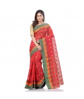 dB DESH BIDESH Women`s Traditional Bengali Tant Lotus Design Pure Handloom Cotton Saree Without Blouse Piece (Red)