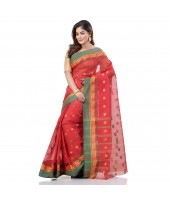 dB DESH BIDESH Women`s Traditional Bengali Tant Lotus Design Pure Handloom Cotton Saree Without Blouse Piece (Red)