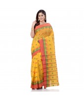 dB DESH BIDESH Women`s Traditional Bengali Tant Lotus Design Pure Handloom Cotton Saree Without Blouse Piece (Yellow Red)