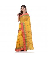 dB DESH BIDESH Women`s Traditional Bengali Tant Lotus Design Pure Handloom Cotton Saree Without Blouse Piece (Yellow Red)