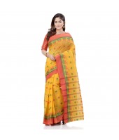 dB DESH BIDESH Women`s Traditional Bengali Tant Lotus Design Pure Handloom Cotton Saree Without Blouse Piece (Yellow Red)