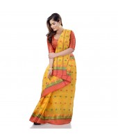 dB DESH BIDESH Women`s Traditional Bengali Tant Lotus Design Pure Handloom Cotton Saree Without Blouse Piece (Yellow Red)