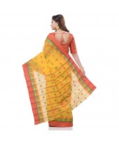 dB DESH BIDESH Women`s Traditional Bengali Tant Lotus Design Pure Handloom Cotton Saree Without Blouse Piece (Yellow Red)