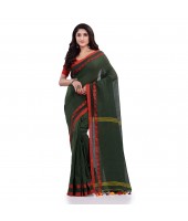 Women`s Traditional Bengali Tant Handloom Cotton Saree Loveria Design With Blouse Piece(Dark Green)