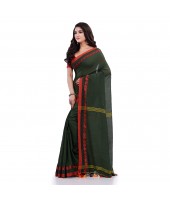 Women`s Traditional Bengali Tant Handloom Cotton Saree Loveria Design With Blouse Piece(Dark Green)