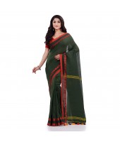 Women`s Traditional Bengali Tant Handloom Cotton Saree Loveria Design With Blouse Piece(Dark Green)