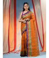 Traditional Tant Pure Handloom Cotton Saree Woven Bi-Color Mina Zari Karat Without Blouse Piece (Burnt Clay Orange)