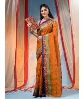 Traditional Tant Pure Handloom Cotton Saree Woven Bi-Color Mina Zari Karat Without Blouse Piece (Burnt Clay Orange)