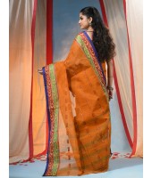 Traditional Tant Pure Handloom Cotton Saree Woven Bi-Color Mina Zari Karat Without Blouse Piece (Burnt Clay Orange)