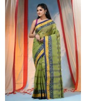  Traditional Tant Pure Handloom Cotton Saree Woven Bi-Color Mina Zari Karat Without Blouse Piece (Green)