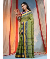  Traditional Tant Pure Handloom Cotton Saree Woven Bi-Color Mina Zari Karat Without Blouse Piece (Green)