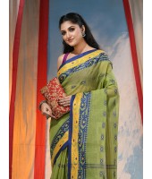  Traditional Tant Pure Handloom Cotton Saree Woven Bi-Color Mina Zari Karat Without Blouse Piece (Green)