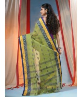  Traditional Tant Pure Handloom Cotton Saree Woven Bi-Color Mina Zari Karat Without Blouse Piece (Green)