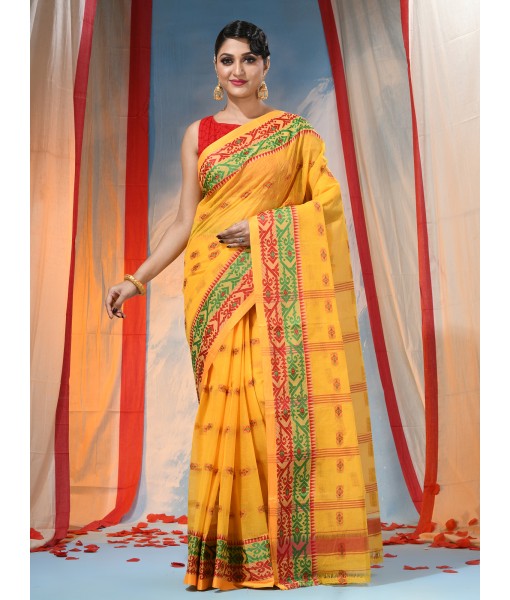 Traditional Tant Pure Handloom Cotton Saree Woven Bi-Color Mina Zari Karat Without Blouse Piece (Yellow)