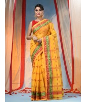 Traditional Tant Pure Handloom Cotton Saree Woven Bi-Color Mina Zari Karat Without Blouse Piece (Yellow)