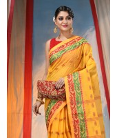 Traditional Tant Pure Handloom Cotton Saree Woven Bi-Color Mina Zari Karat Without Blouse Piece (Yellow)