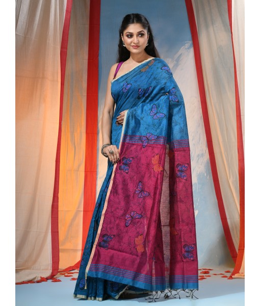 Cotton Blend Butterfly Print Half half Design Handloom Sarees with Blouse Piece (blue red)