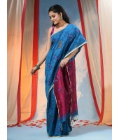 Cotton Blend Butterfly Print Half half Design Handloom Sarees with Blouse Piece (blue red)