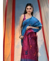 Cotton Blend Butterfly Print Half half Design Handloom Sarees with Blouse Piece (blue red)