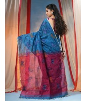 Cotton Blend Butterfly Print Half half Design Handloom Sarees with Blouse Piece (blue red)