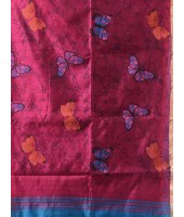 Cotton Blend Butterfly Print Half half Design Handloom Sarees with Blouse Piece (blue red)