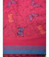 Cotton Blend Butterfly Print Half half Design Handloom Sarees with Blouse Piece (blue red)