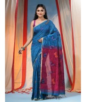 Cotton Blend Butterfly Print Half half Design Handloom Sarees with Blouse Piece (blue red)