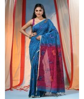 Cotton Blend Butterfly Print Half half Design Handloom Sarees with Blouse Piece (blue red)