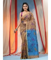 Cotton Blend Butterfly Print Half half Design Handloom Sarees with Blouse Piece (Khaki Blue)